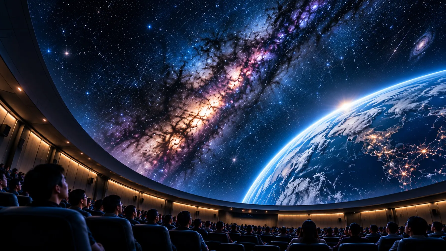 An audience beneath a planetarium dome showing the Milky Way and Earth