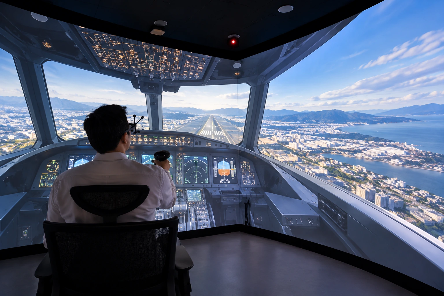 A trainee in a flight simulator surrounded by a curved projected display