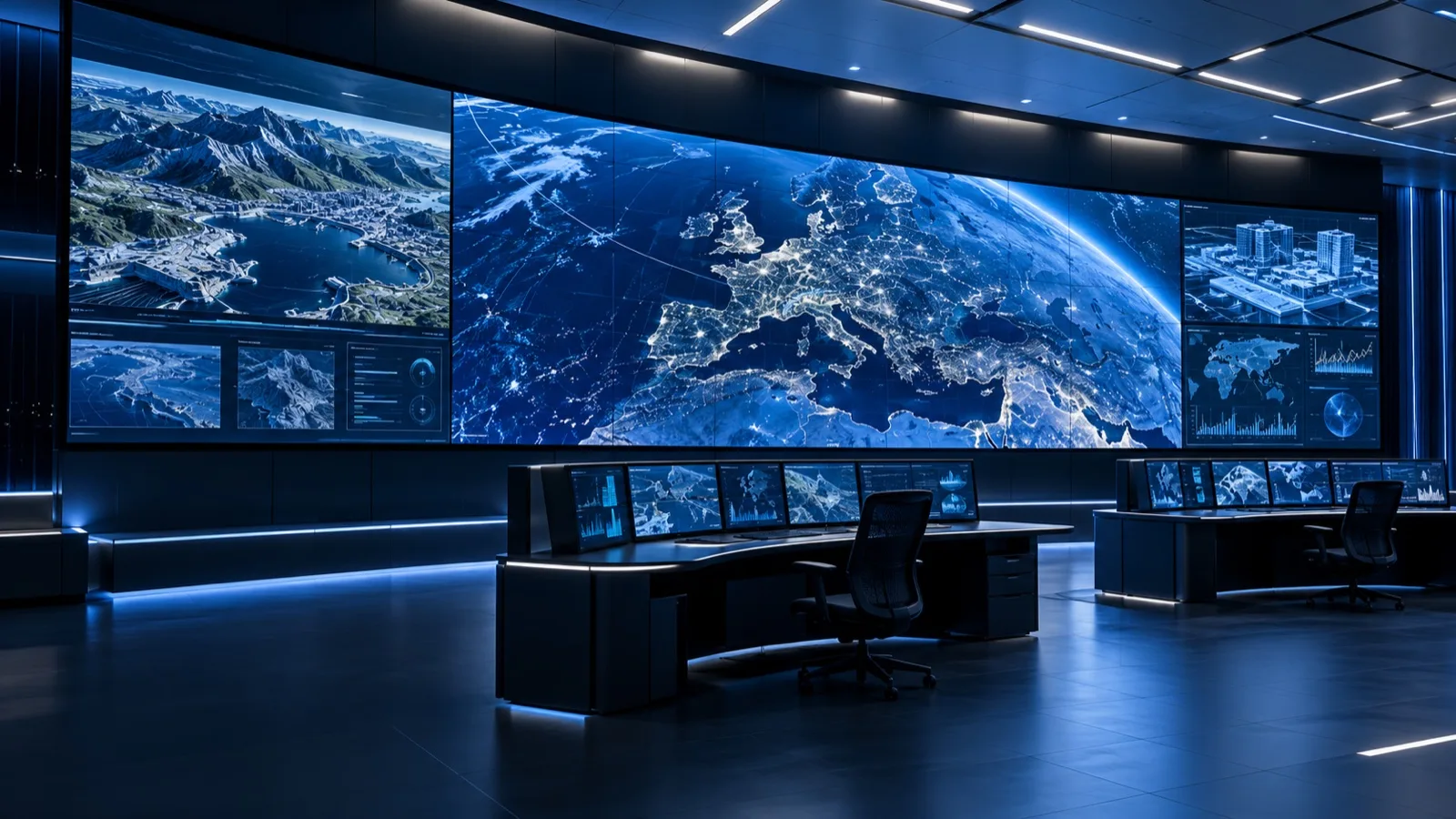 A curved video wall in a control room showing maps and data